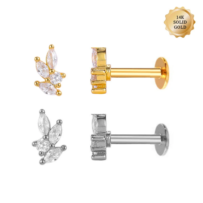 POENNIS 14KT Solid Gold Clear Crystal Helix Ear Piercing Labret with Lab-grown Diamond Diath Tragus Gold Stud Earring for Women