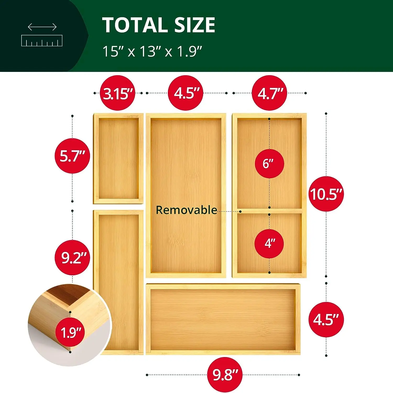 Bamboo Drawer Organizer Storage Box,Use Drawer Organizer for Kitchen, Bathroom, Office Desk, Makeup, Jewelry