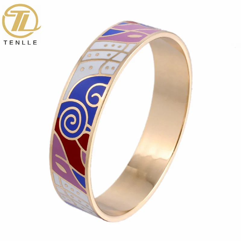 Vintage enamel stainless steel bracelet plated with real gold custom painted Cloisonne bangle jewelry for girls