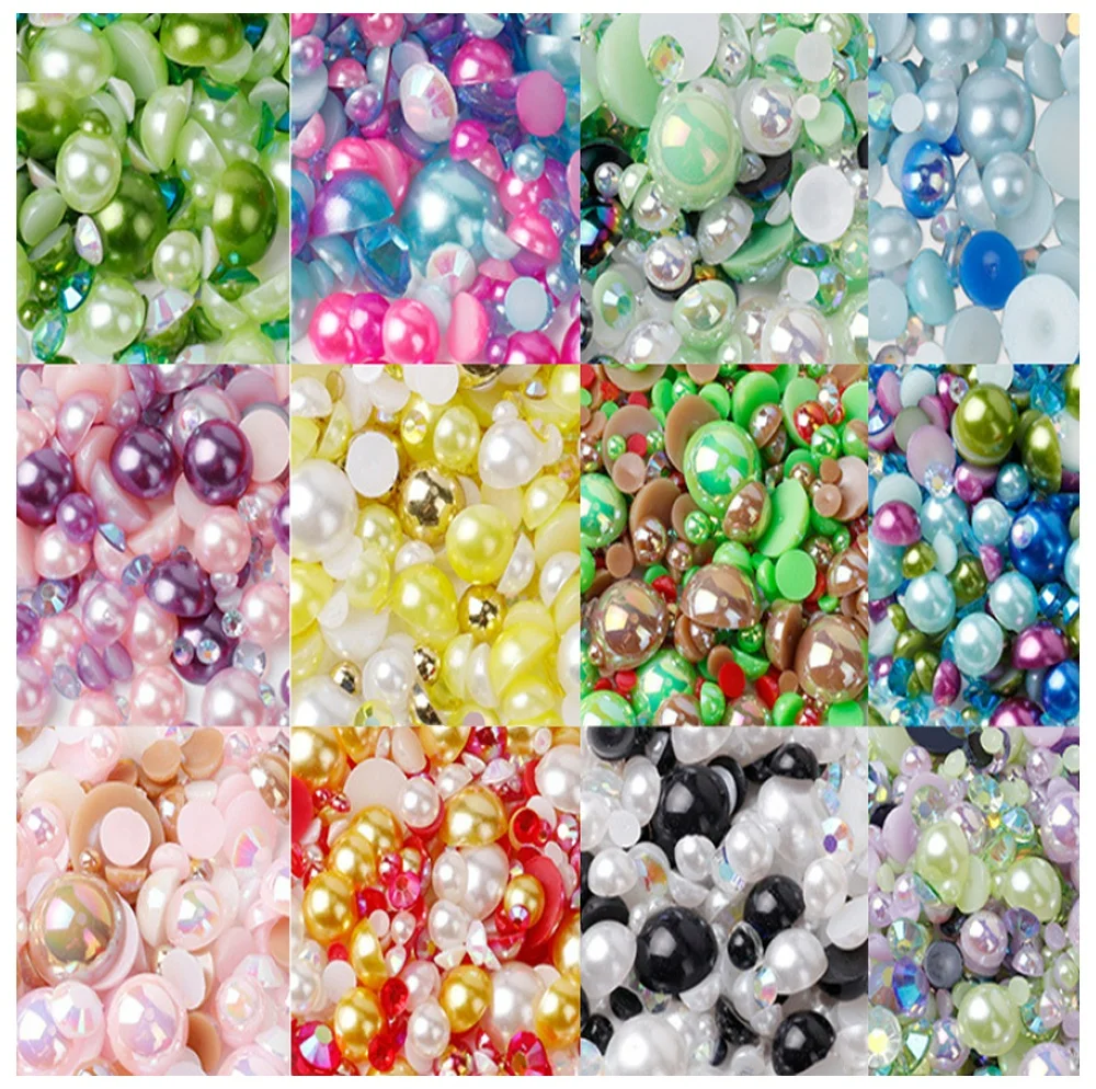 Factory wholesale price Mix Sizes Green Mix Half Round Flat Back Pearls Resin Rhinestones For Handmade DIY Decoration