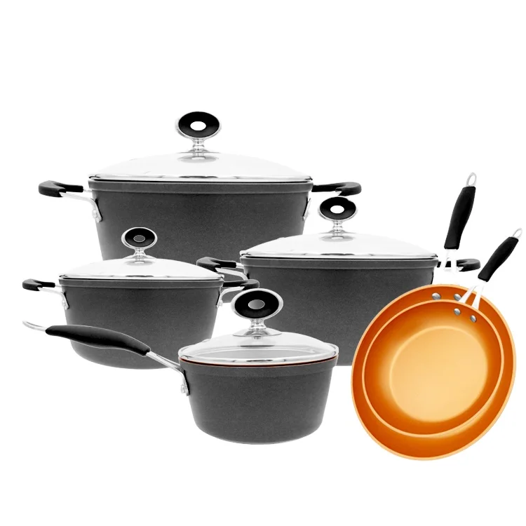 Batterie De Cuisine wholesale 10pcs black marble aluminum induction fry pans kitchen ware cooking pots non-stick cookware sets