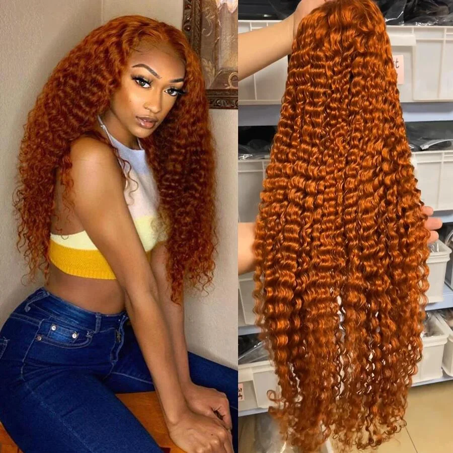 Hair 13*4 full frontal big lace area ginger orange color human hair 1 piece 26inch wig brazilian human hair water wave wig