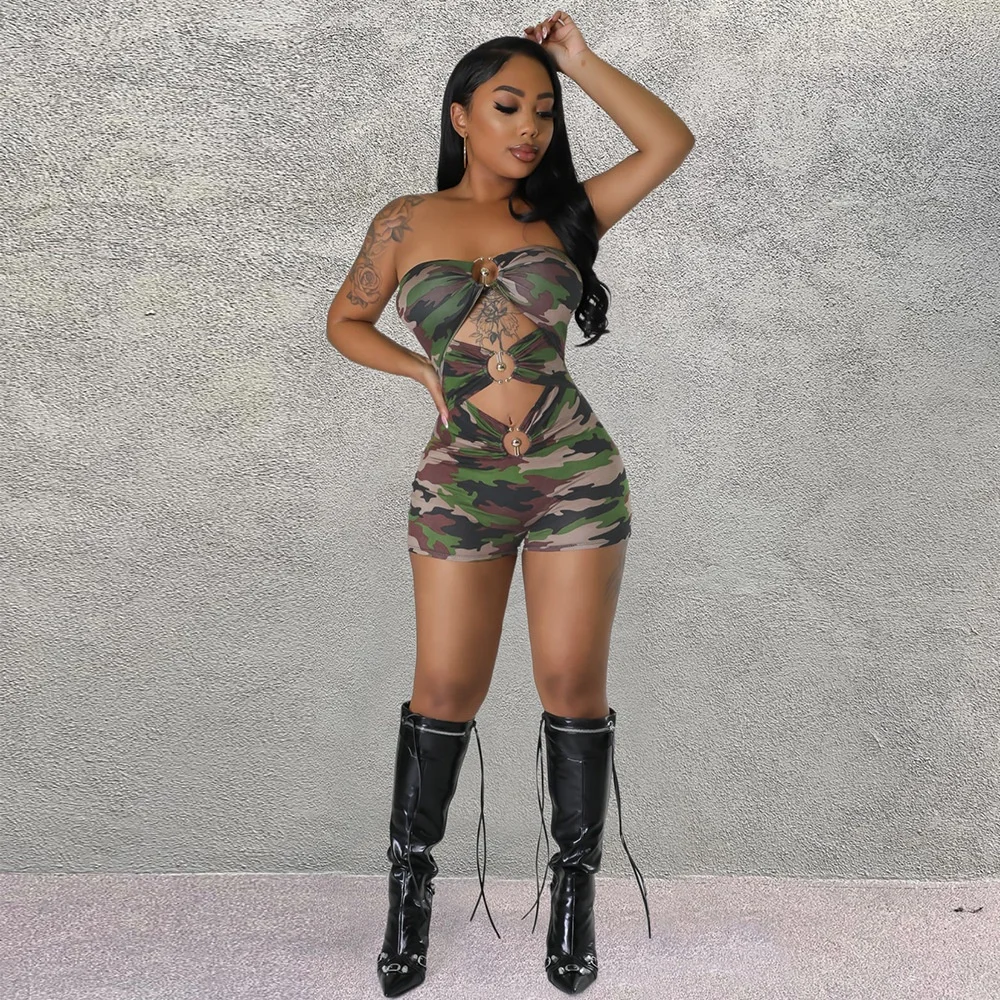 OUDINA Stylish Summer Hot Style Backless Bodysuit Hollow Print Women Bodycon Camouflage Jumpsuit