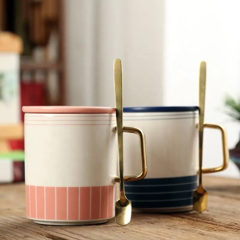 Nordic Creative Ceramic Mug Handgrip Design Gold Handle Spoon with Lid for Office or Party Personalized Logo Printing