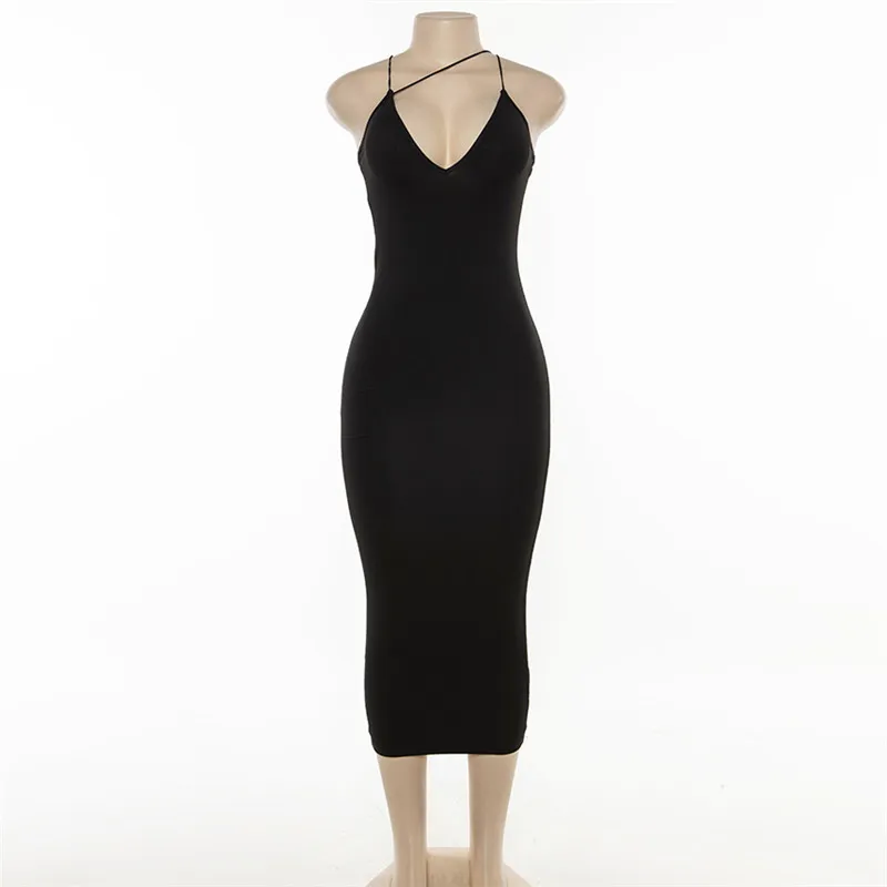 Peeqi D23DS424 new 2024 spring deep V-neck sleeveless sexy midi dress solid bodycon backless elegant casual clothes for women