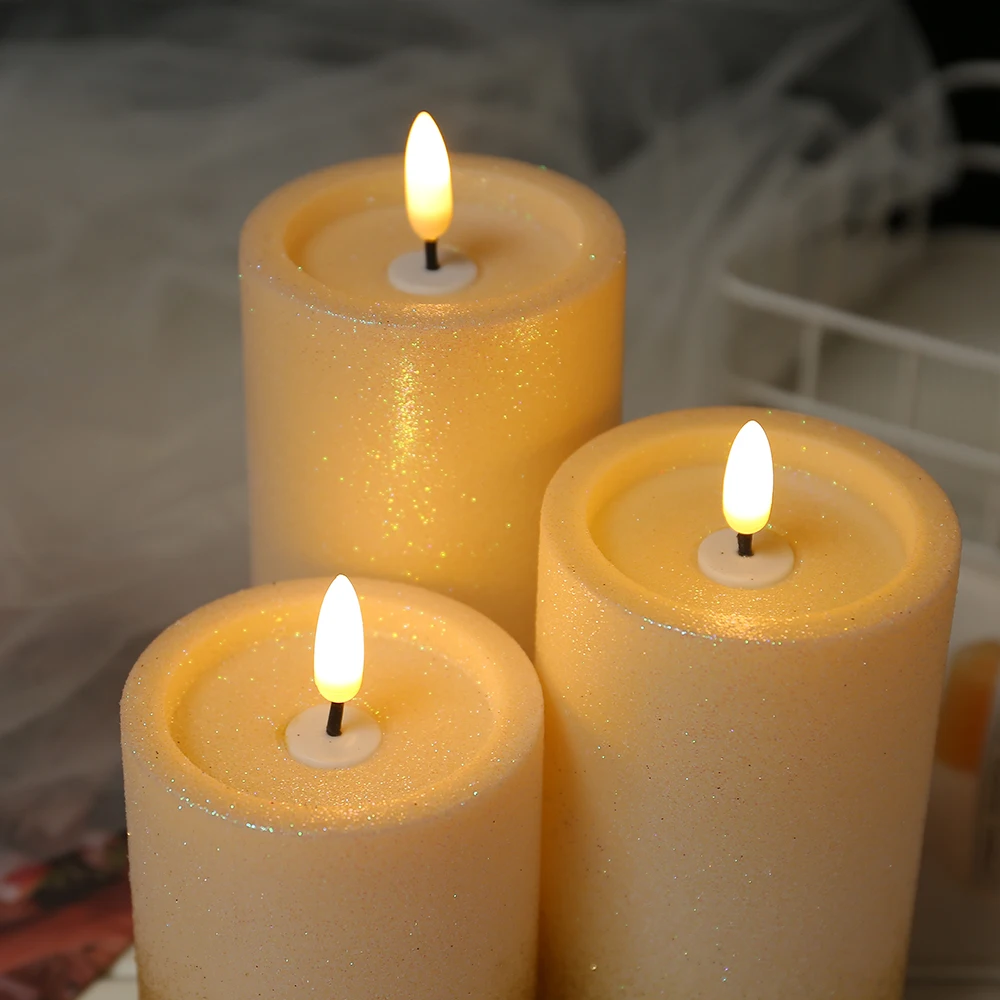 New Arrival  3D Real Plastic Gold Dust Design Led Flameless Candle Lights For Home Garden Wedding Favors