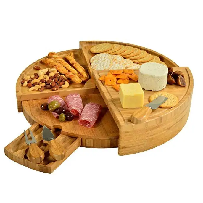 Trade assurance Round Shape 4 tiered Bamboo Cheese Board cutlery with 3 knives set intergrated cheese tools drawer