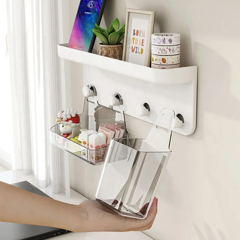 Modern Design Wholesale Plastic Adhesive Wall Hanger Rack Hole-Free Hanging Storage Shelf Home Use Kitchen Bathroom Living Room
