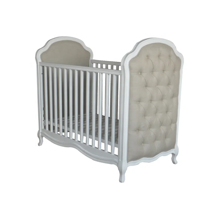 French Country Designs Solid Wood Baby Bed Cot Luxury Natural Linen Fabric Tufted New Born Crib Bed