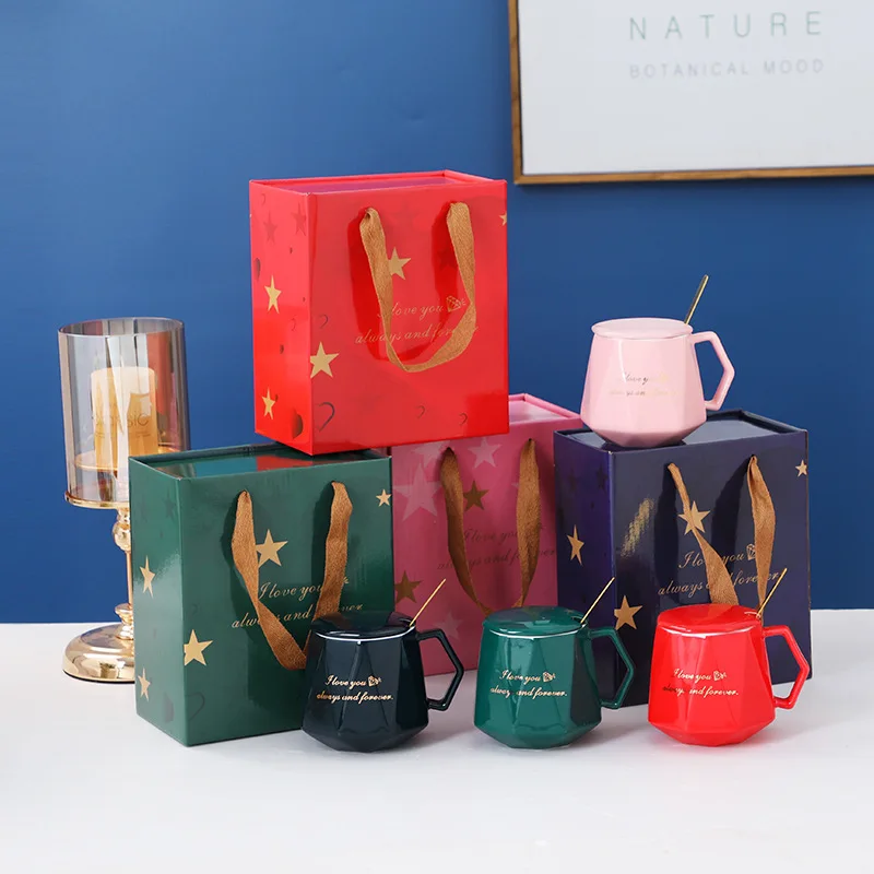 Creative ceramic mugs coffee mugs with handle and lid diamond-shaped porcelain mugs with gift box