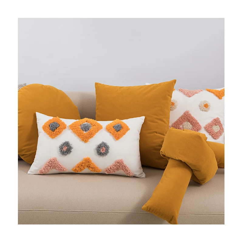 New arrival  cotton velvet boho decorative yellow tufted throw pillow case for Bay window balcony