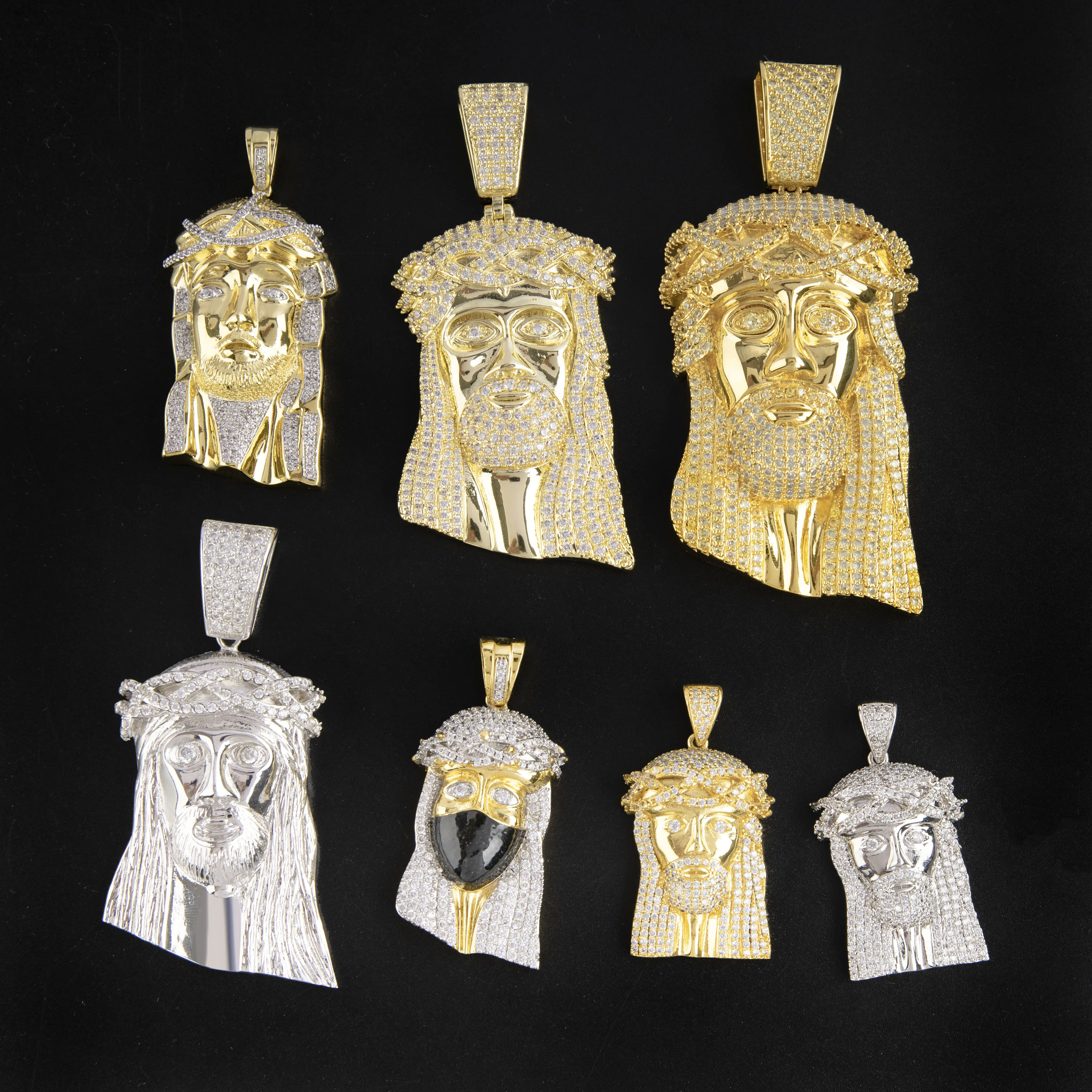 Custom Piece Size White Gold Plated Crystal Jesus Face Head Pendant Shining Zircon Jesus Head Piece Pendant