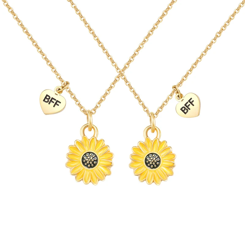 BFF Sunflower Necklace for 2 Best Friends Heart Pendant Gold Chain Necklace Friendship Jewelry