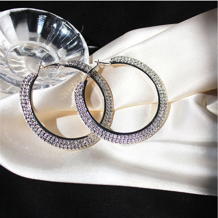 High quality silver plated big hoop earrings jewelry custom extra large rhinestone hoop earrings for women
