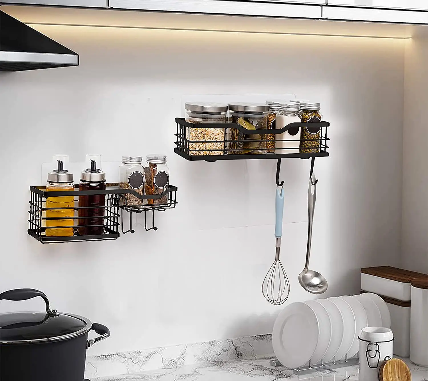 Stainless Steel No Drilling Wall Mount Rustproof Black Bathroom Accessories Basket Shelves with Hooks shower caddy bath shelf