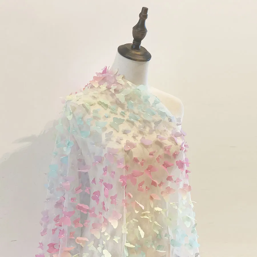 2021 Custom design dress material 100%polyester gradient row applique tulle sheer 3D multicolor butterfly mesh embroidery fabric