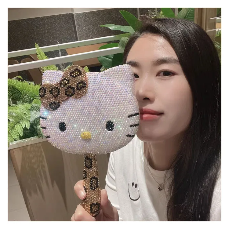 Hello Kitty Style Swivel Desktop Makeup Mirror Pocket Travel with Diamond Cosmetic Mirror Portable Handheld Mini Cute Mirror