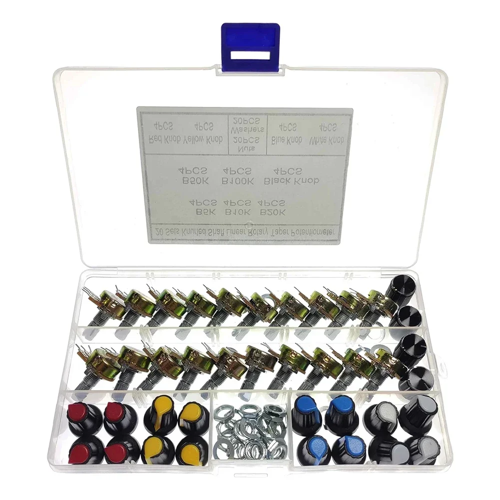 20sets /Box WH148 15MM Single Potentiometer Kit B5K/10K/20K/50K/100K With Knobs Set Shaft Nuts