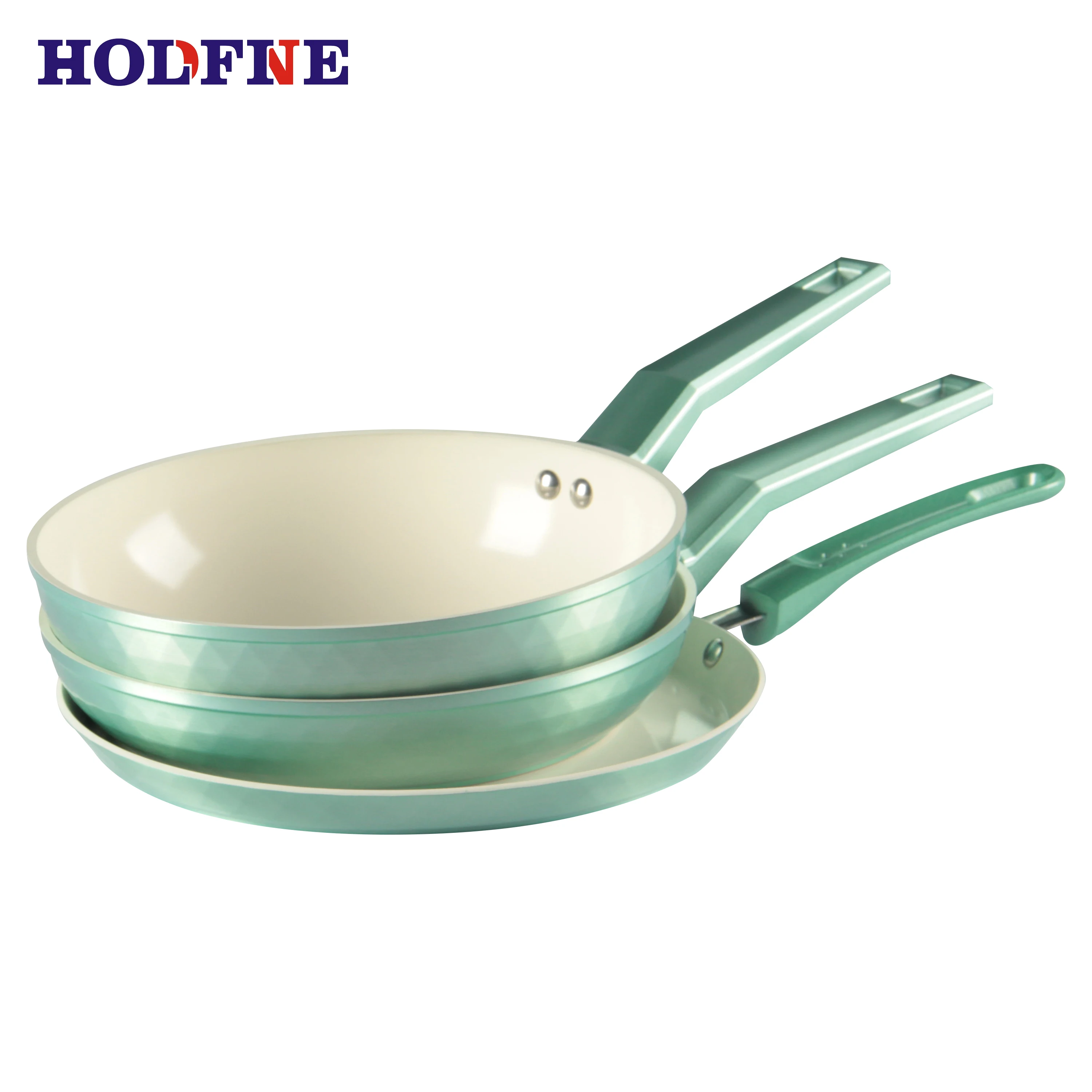 New design aluminium kitchen cookware set ceramic coating frying pans with light green handle