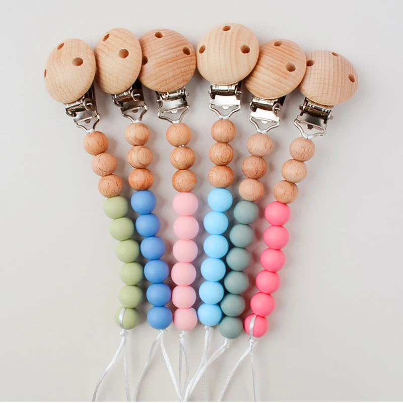 Wholesale Printed Letters Wooden Rings Colorful BPA Free 100% Silicone Baby Pacifier Beads Chain