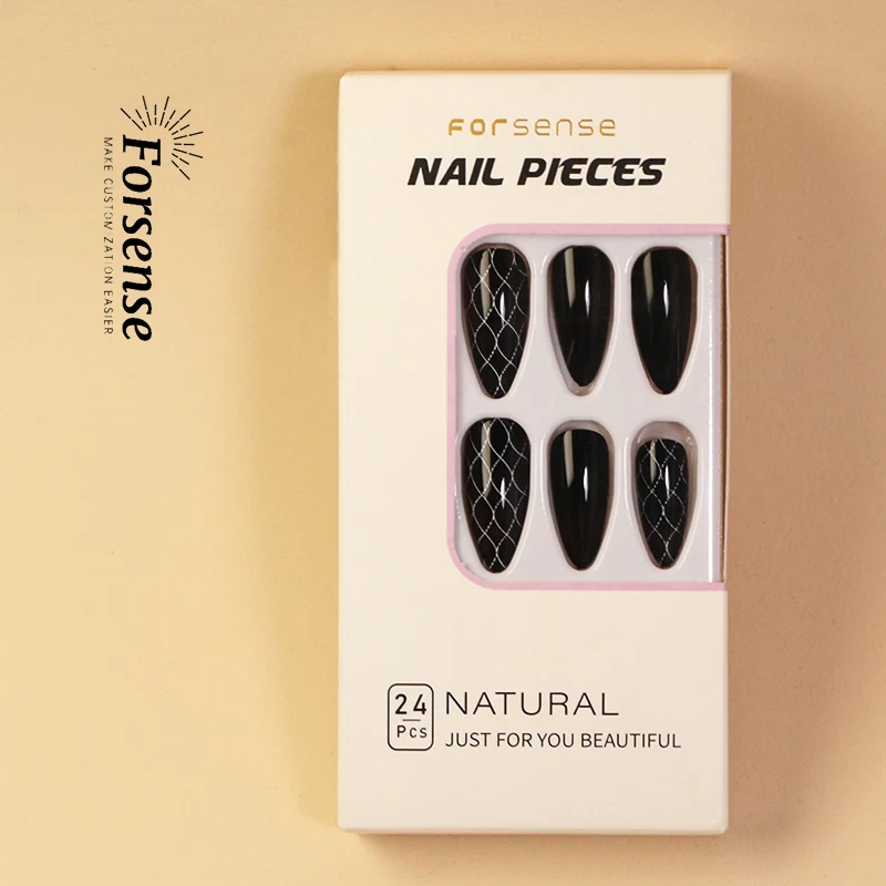 chic almond shape black press on nails women 24 pcs self-adhesive stiletto artificial finger press-on nail false nails with glue
