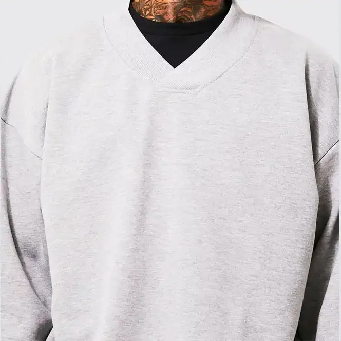 Wholesale High Quality Grey French Terry Cut And Sew Rib Hem Hoodie Drop Shoulder Design V Neck Sweatshirt For Men