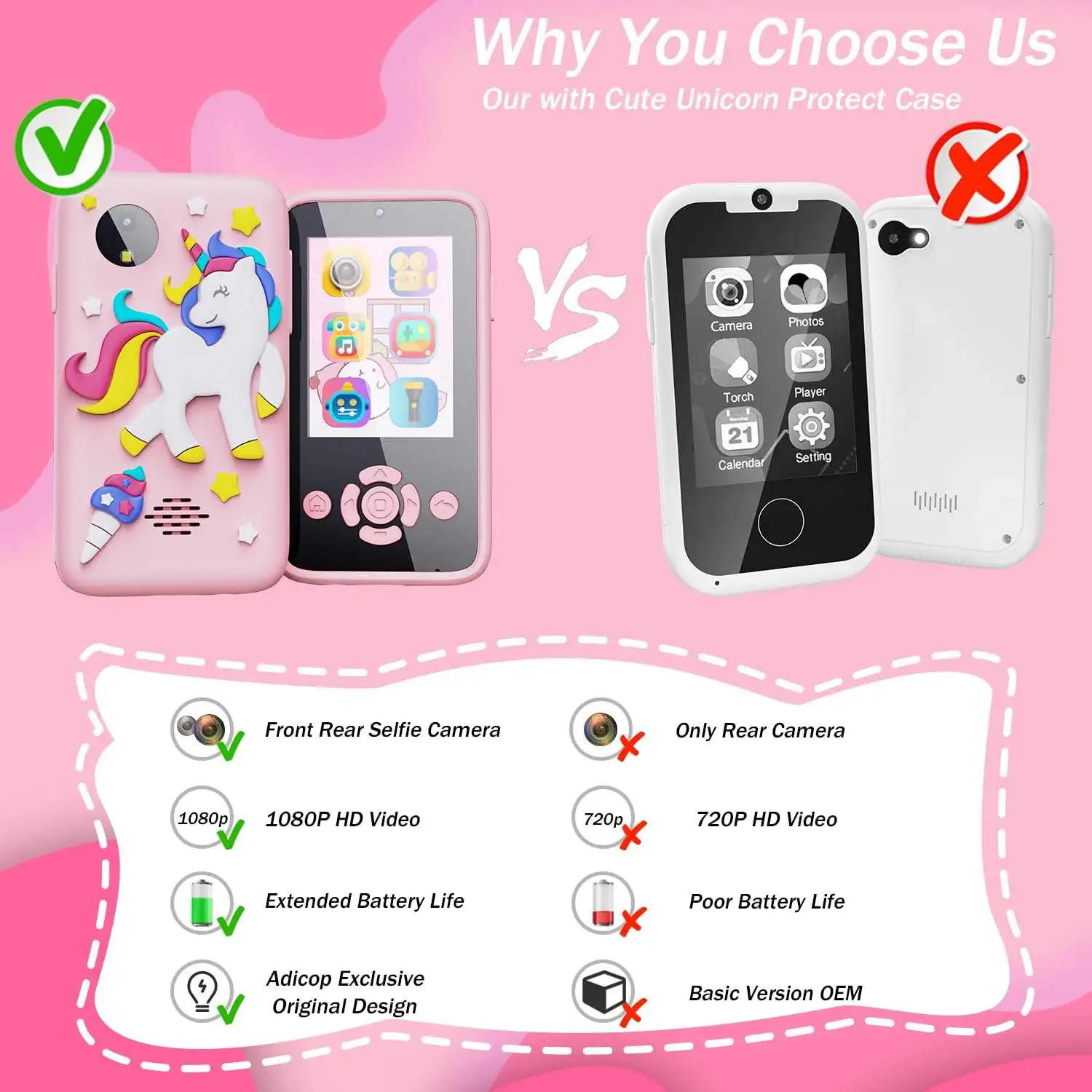 2024 New Children Unicorn  Smart Touch Phone Toy Cross-Mirror Mini Cartoon Digital Phone 2.8 Inch HD Toys Wholesale
