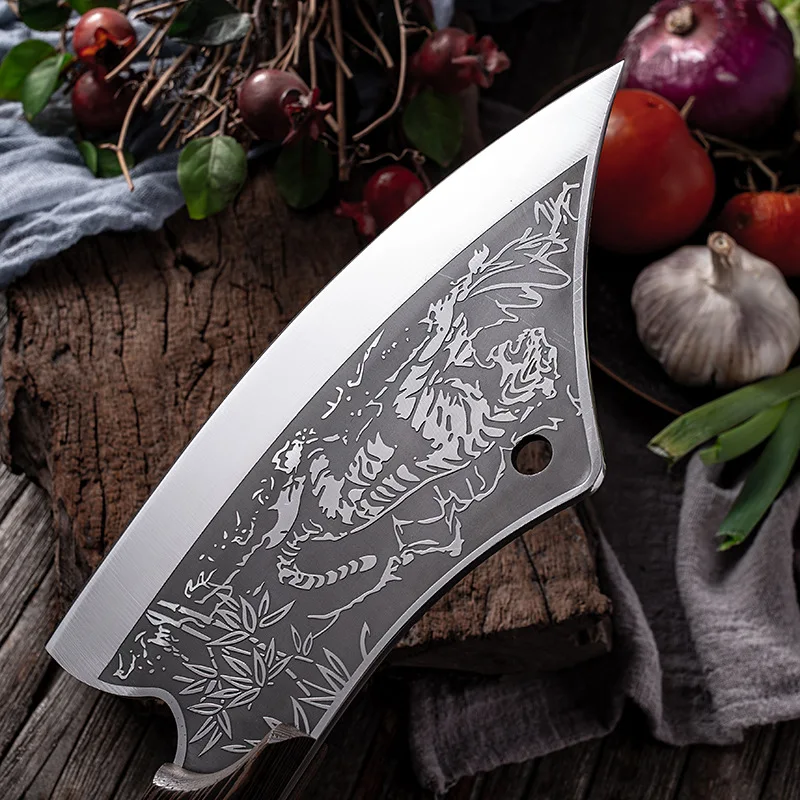 Full Tang Handmade 7.5 Inch Tiger Pattern Meat Carving Cooking Cleaver Kitchen Chinese Chef Choppping Knife With Cover Sheath