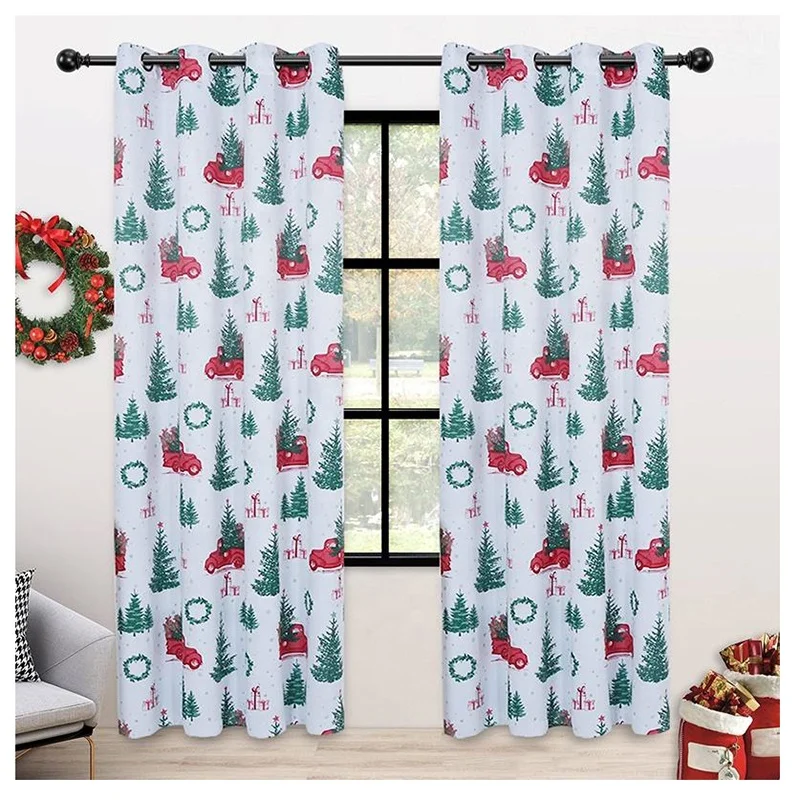 Bindi Wholesale Living Room Greyish White Xmas Trees Printed Custom Thermal Insulated Grommet Blackout Christmas Curtains