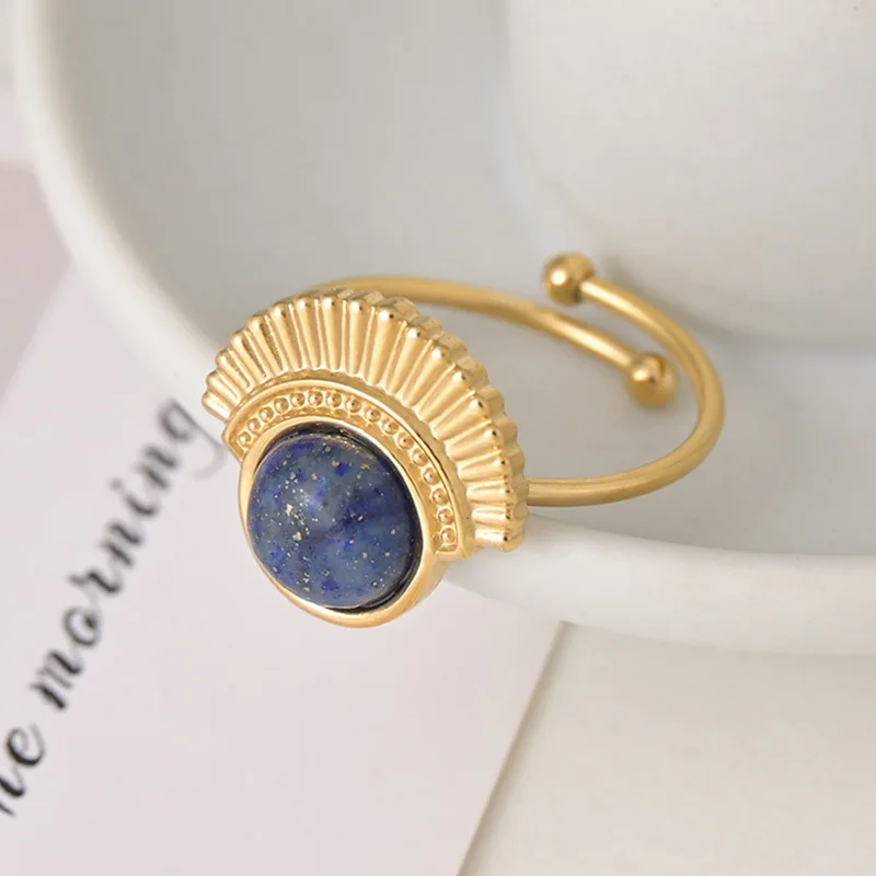 Vintage Jewelry No Fade 18k Gold Plated Starry Sky Tophus Adjustable Ring Stainless Steel Fan Shaped Lapis Lazuli Open Ring