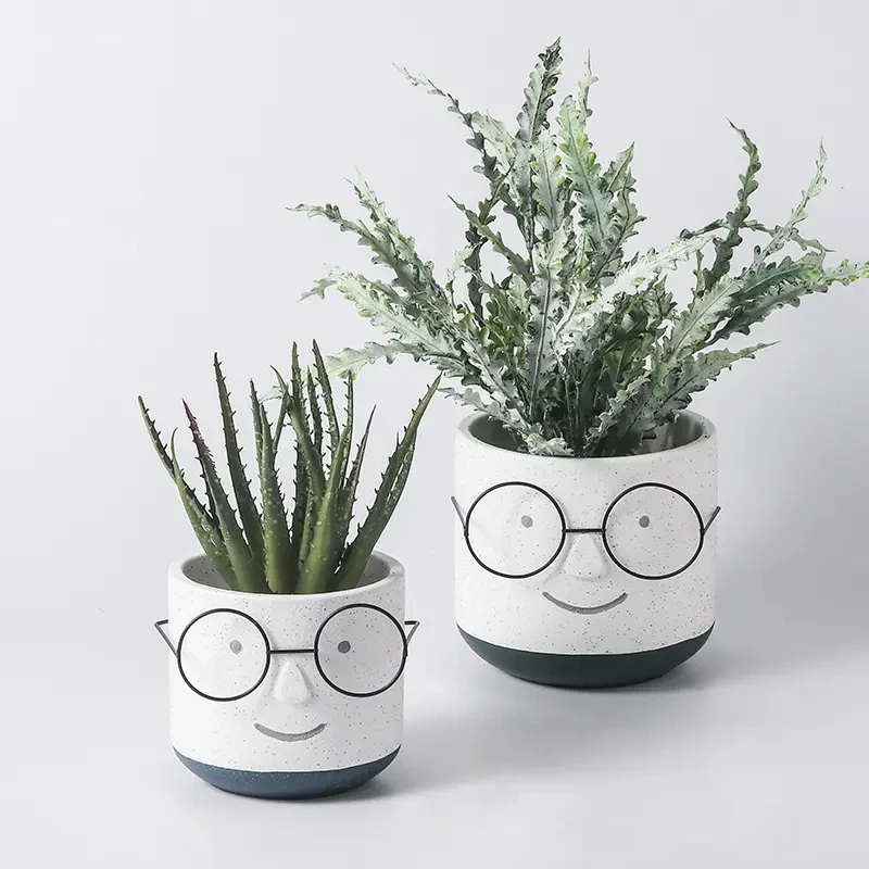 Modern Decorative Ceramic Flower Pots & Planters Unique Indoor Face Plant Pot With Glasses