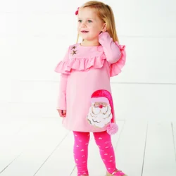 Girl Clothing Set Cute Pink Ruffle Long Sleeve Shirt +Star Rose Pink Pants 2 pcs Kid Coming Home Outfit for Christmas Season