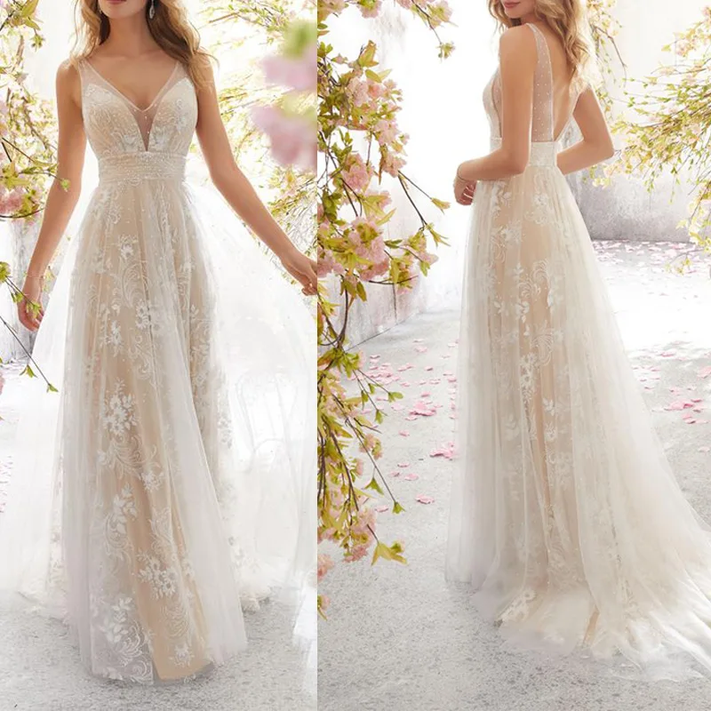 2022 European And American Woman Lace Trade Simple New Sexy Formal Elegant Party Lace Wedding Dresses