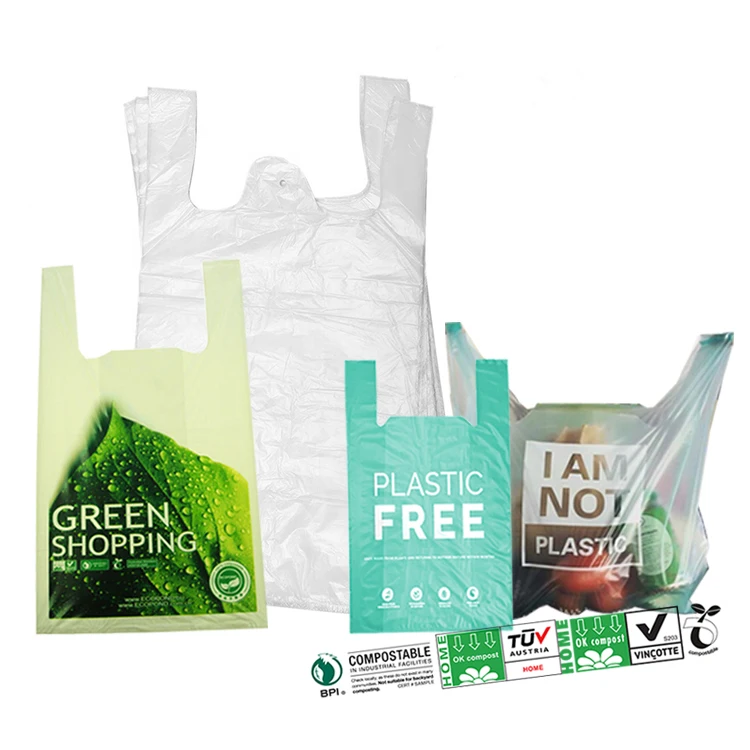 Custom Printed Plain Plant Based Compostable Corn Starch Kitchen Trash Grocery Plastic T Shirt Shopping Merchandise Bags