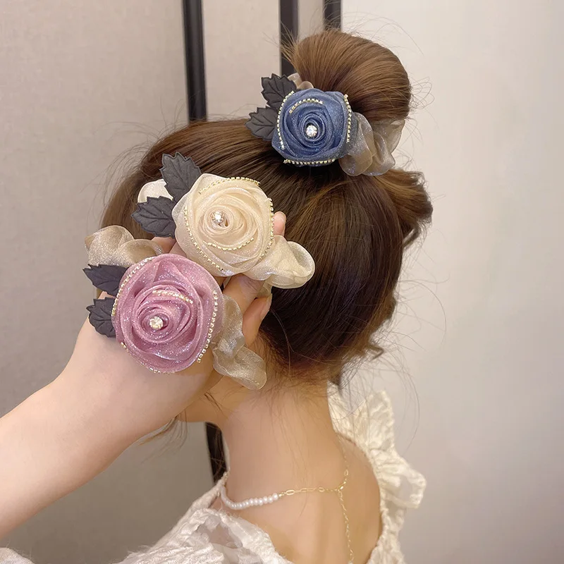 Vintage Elegant Hair Rope Solid Color Hair Ring Flower Elastic Rubber Band Ponytail Fashion Simple Hair Accessories