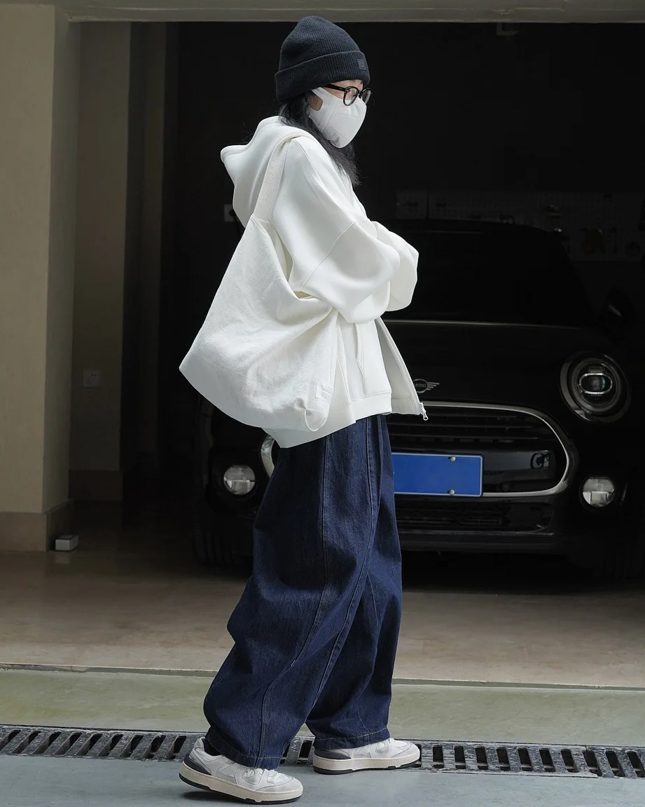 Autumn New Korean Version Japanese Casual Curved High Waist Wide Leg Jeans for Women Denim Slimming Pants Pockets Decoration