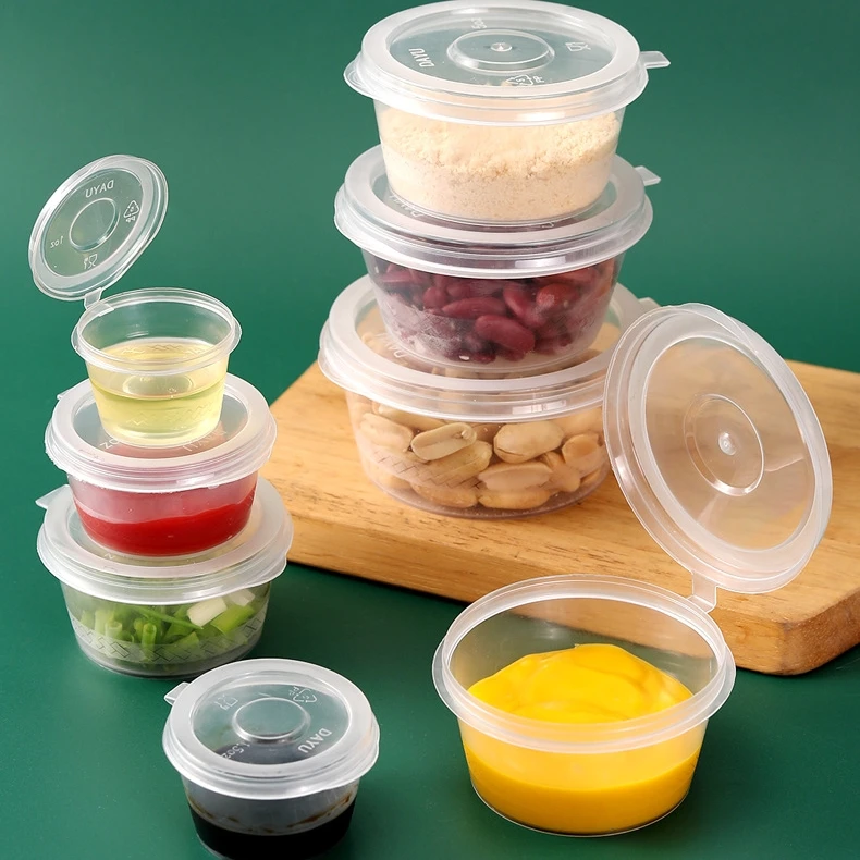 Wholesale 1oz 1.5oz 2oz 3oz 4oz 5oz 6oz 8oz clear round disposable sauce spice ketchup condiment pp plastic glass cup with lid