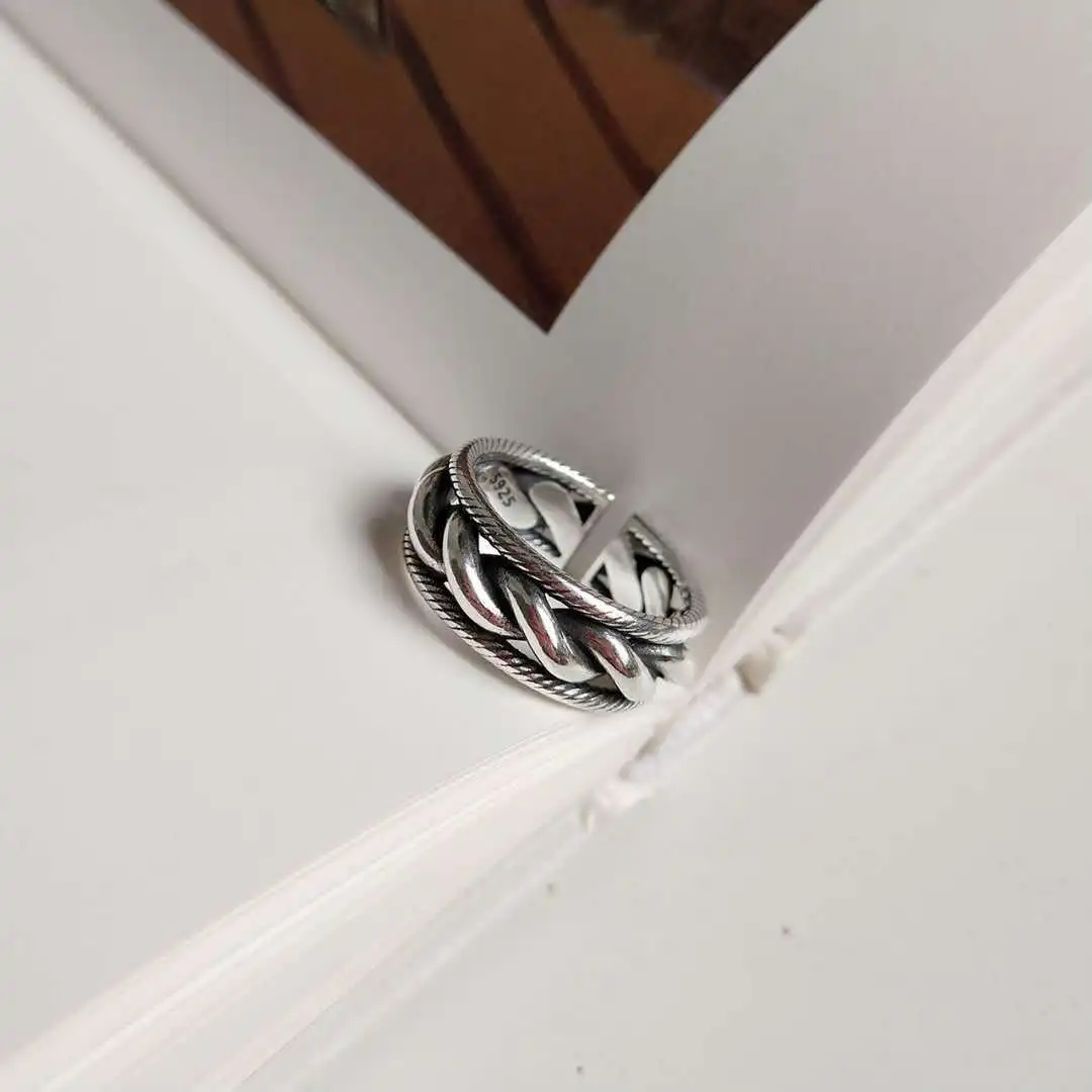 INS925 silver custom ring female retro Thai silver hemp weaving net red hipster ring new versatile girl