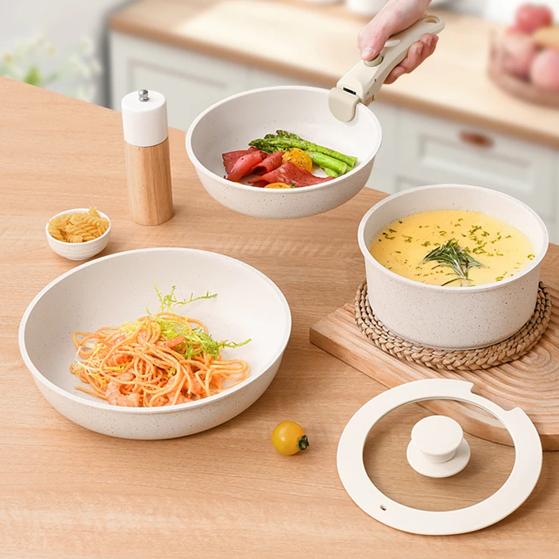 Nordic fashion minimalism style nonstick double thicken bottom healthy removeable detachable handle pan and pot cookware set