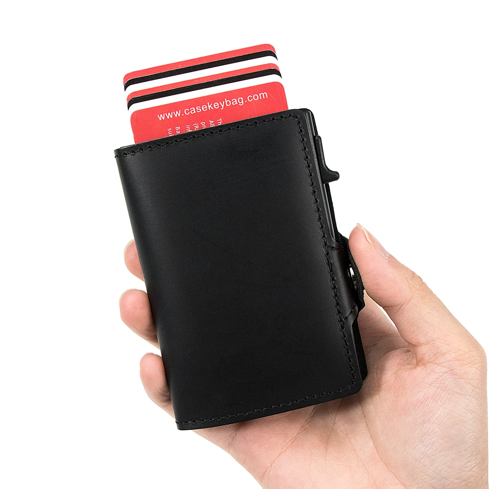 High Quality Oil Wax Smooth Real Leather Pop up Slim Card Holder Wallet Business ID Card Aluminium RFID Protected Smart Wallet