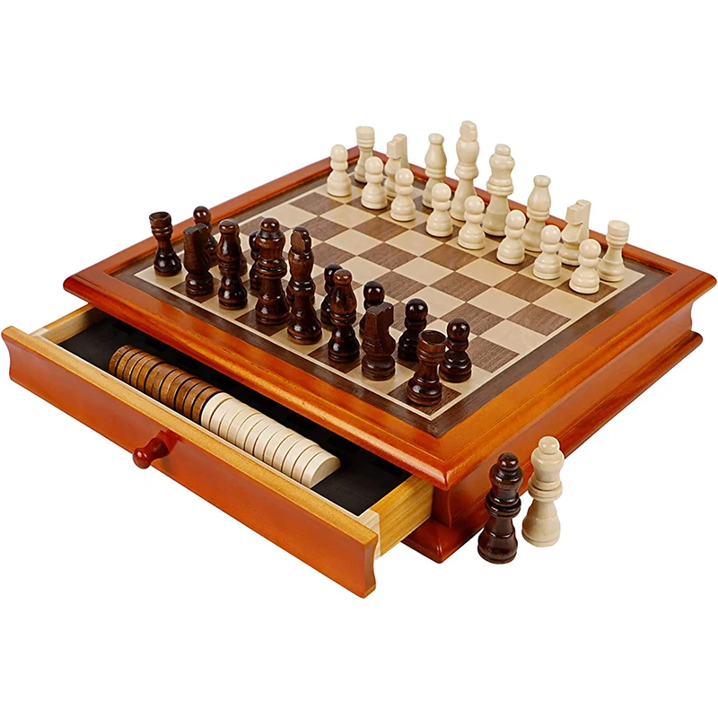 Wooden Chess & Checkers Set with Storage Drawer Classic 2 in 1 Board Games for Kids and Adults Travel Portable Chess Game Sets