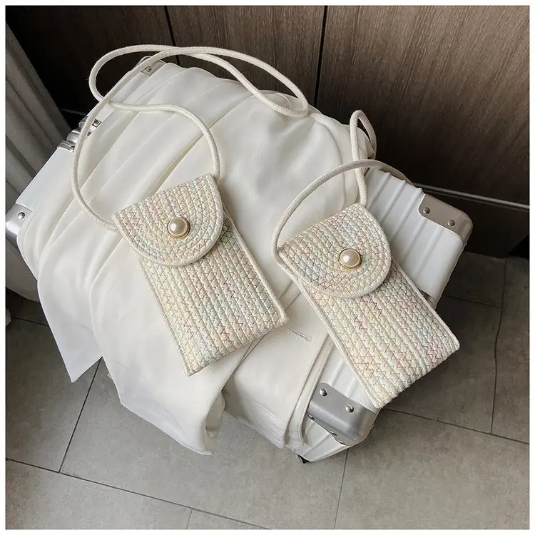 The 2024 New Pearl Contracted Mobile Phone Zero Wallet Cotton Thread Woven Contrast Color Stripe Small Bag
