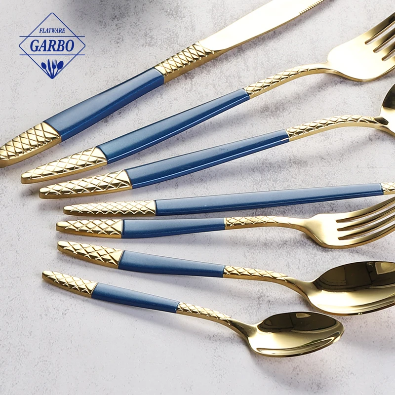 Set of 7pcs including table and dessert fork knife spoon set gold color stainless steel flatware set with blue painting handle