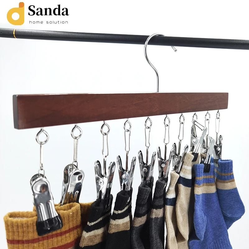 Factory price multifunctional save space Legging socks and hat organizer wooden clothes hangers with clips