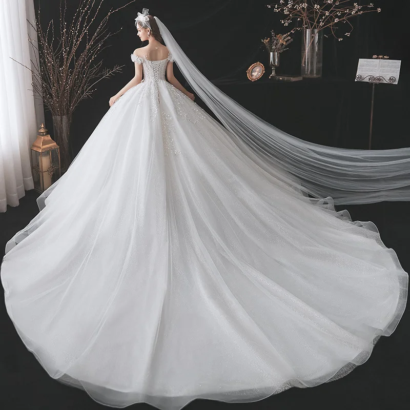 Cheap price wedding dresses with veil purple wedding dresses ball gown short sleeve long trailing  beaded wedding dress sexy