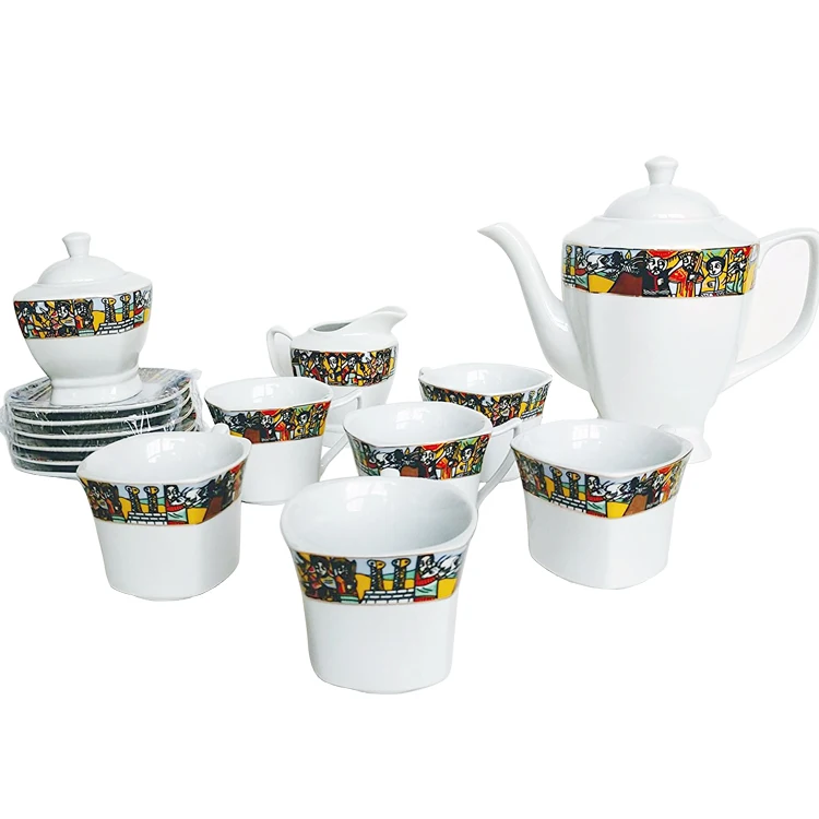 17pcs square sheba tea cup set with traditional ethiopian art design