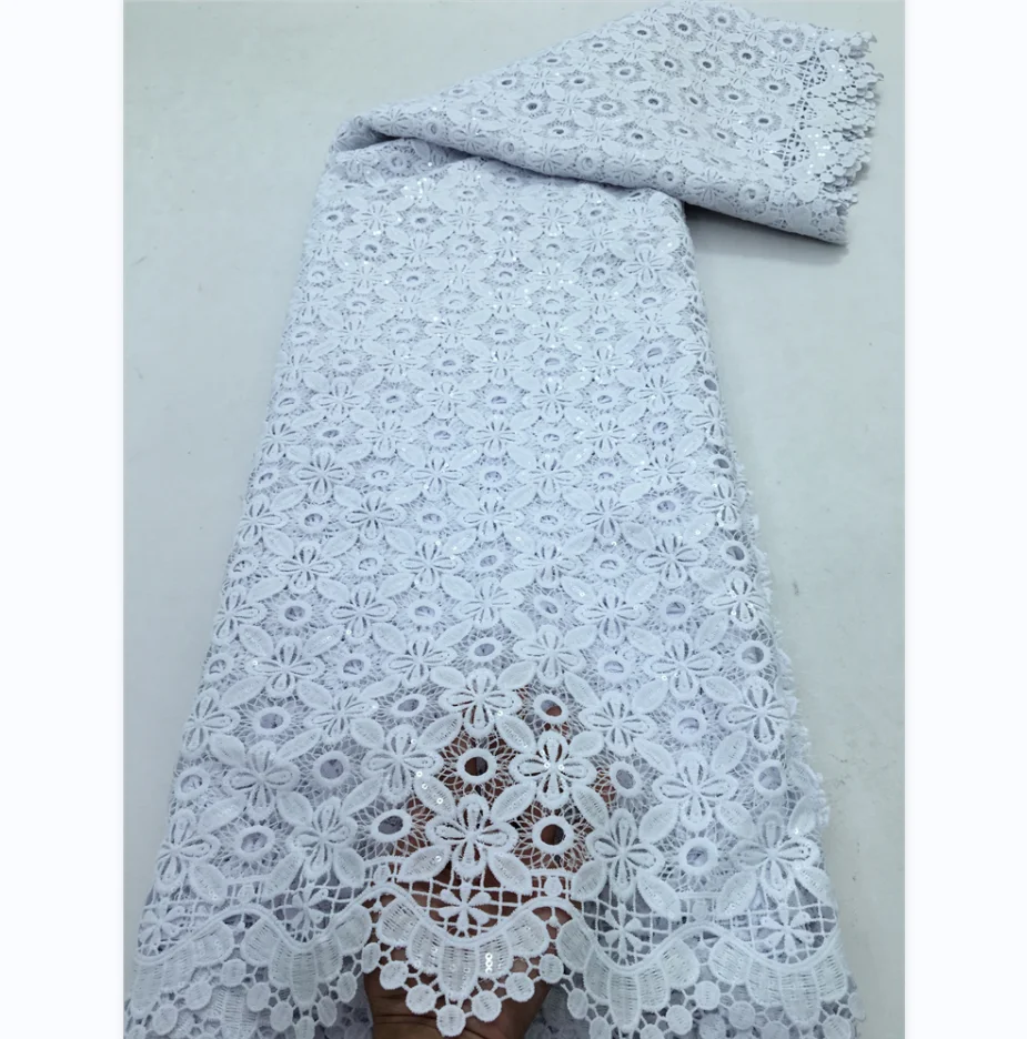 3610 Pure White Water Soluble African Guipure Cord Lace Fabric with Sequins Latest Nigerian Net Lace Fabric for Bridal Dress Sew