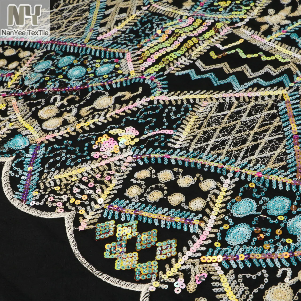 Nanyee Textile Ethnic Style Patchwork Bohemia Sequin Lace Fabric For Dress