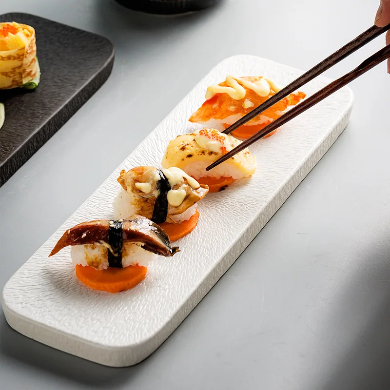 long rectangular shape sliced meat plate gold logo decal luxury blue color hotel porcelain ceramic dish for sushi sashimi