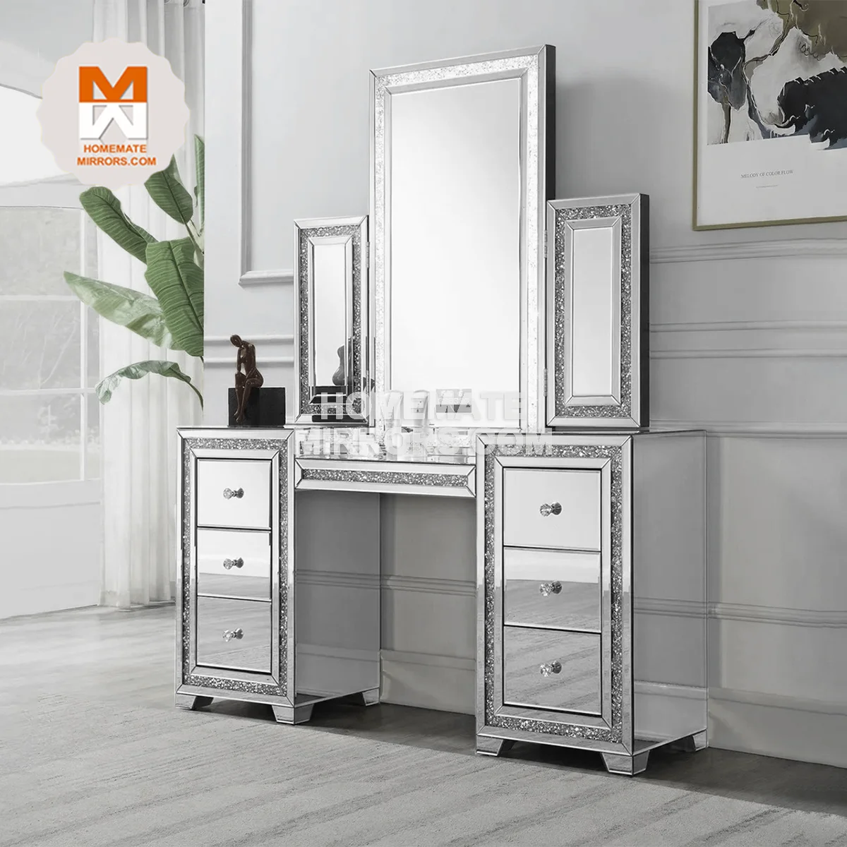 Hot Sell Modern mirrored dressing table with full length mirror with light